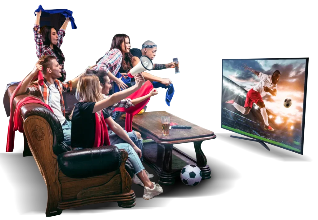 Amis regardant un match de football en direct avec IPTV Québec sur un téléviseur